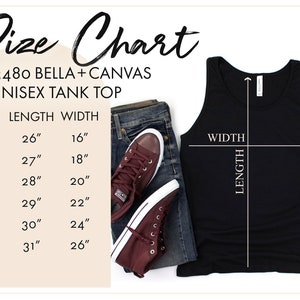 May include: Size chart for a unisex tank top in black. The chart shows the length and width in inches for sizes XS, S, M, L, XL, and 2X.