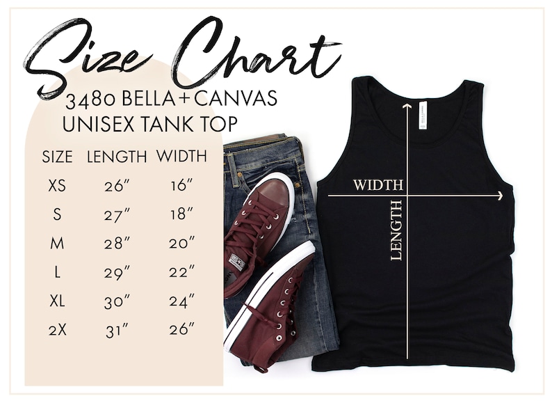 May include: Size chart for a unisex tank top in black. The chart shows the length and width in inches for sizes XS, S, M, L, XL, and 2X.