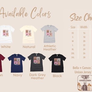 Op de afbeelding: Een maattabel voor een unisex jersey t-shirt, met de breedte- en lengtemaat in inches voor maten XS tot 3XL. De tabel wordt weergegeven naast een selectie van t-shirtkleuren, waaronder wit, naturel, atletisch heather, maroon, navy, donkergrijs heather en zwart. De tekst "Bella + Canvas 3001 Unisex Jersey Tee" wordt onder de maattabel weergegeven. De tekst "COYOTE AND ROSE" wordt onder de maattabel weergegeven.