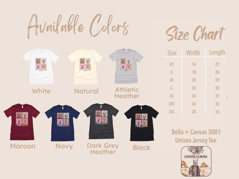 Op de afbeelding: Een maattabel voor een unisex jersey t-shirt, met de breedte- en lengtemaat in inches voor maten XS tot 3XL. De tabel wordt weergegeven naast een selectie van t-shirtkleuren, waaronder wit, naturel, atletisch heather, maroon, navy, donkergrijs heather en zwart. De tekst "Bella + Canvas 3001 Unisex Jersey Tee" wordt onder de maattabel weergegeven. De tekst "COYOTE AND ROSE" wordt onder de maattabel weergegeven.
