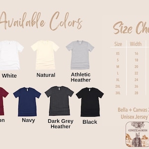 May include: Image displays a size chart and color options for Bella + Canvas 3001 Unisex Jersey Tees. Available colors include white, natural, athletic heather, maroon, navy, dark grey heather, and black. The size chart shows measurements in inches.
