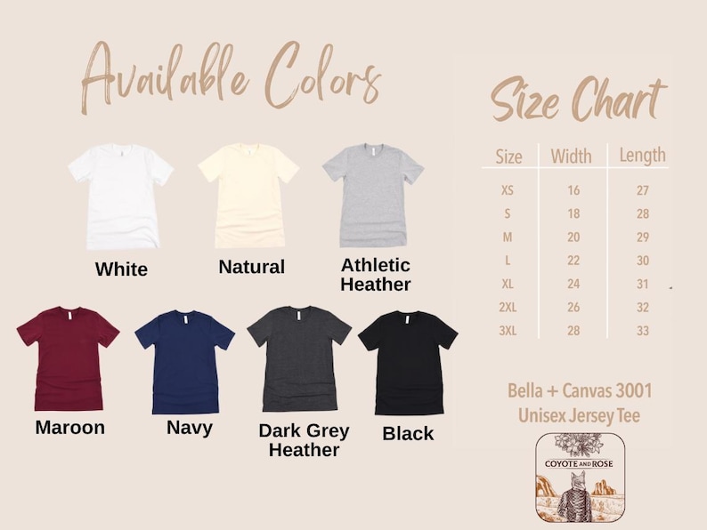 May include: Image displays a size chart and color options for Bella + Canvas 3001 Unisex Jersey Tees. Available colors include white, natural, athletic heather, maroon, navy, dark grey heather, and black. The size chart shows measurements in inches.
