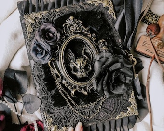 Gothic Bat Skull Journal Notebook Black Laced Hard Cover Handmade Spooky Witchy Junk Journal Diary Scrapbook Customize Planner Gift