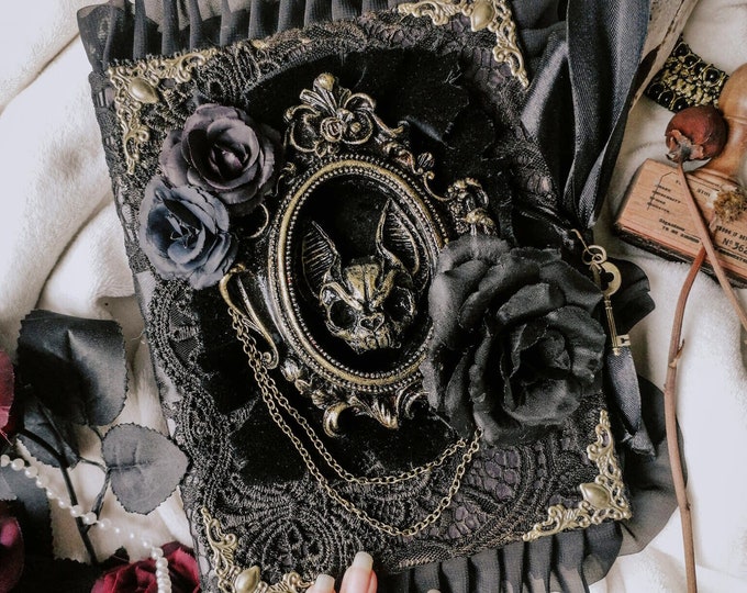 Gothic Bat Skull Journal Notebook Black Laced Hard Cover Handmade Spooky Witchy Junk Journal Diary Scrapbook Customize Planner Gift