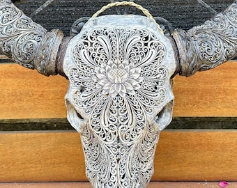 Hand Carved Buffalo Skull with Lotus Design carving