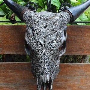 Cow skull carving - REAL hand carved cow skull with horn | cow skull wall hanging decor.