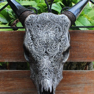 Cow skull carving - REAL hand carved cow skull with horn | cow skull wall hanging decor.