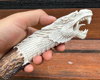 Antler carving - REAL HAND Carved dragon for knifes handles.