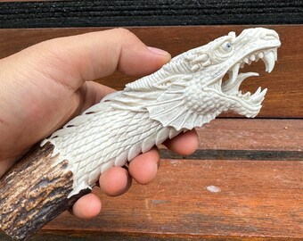 Antler carving - REAL HAND Carved dragon for knifes handles.