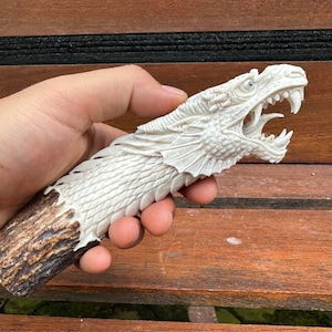 Antler carving - REAL HAND Carved dragon for knifes handles.