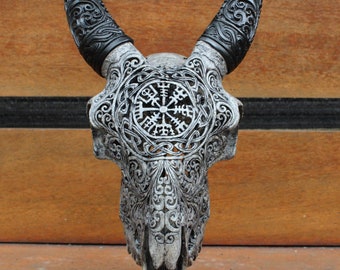 Carved goat skull - REAL hand carved goat skull with horn carving.