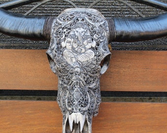 Buffalo skull carving - REAL HAND carved lord ganesha on buffalo skull with horn.
