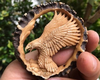 Antler carving, Hand carved Eagle from deer antler for pendant.
