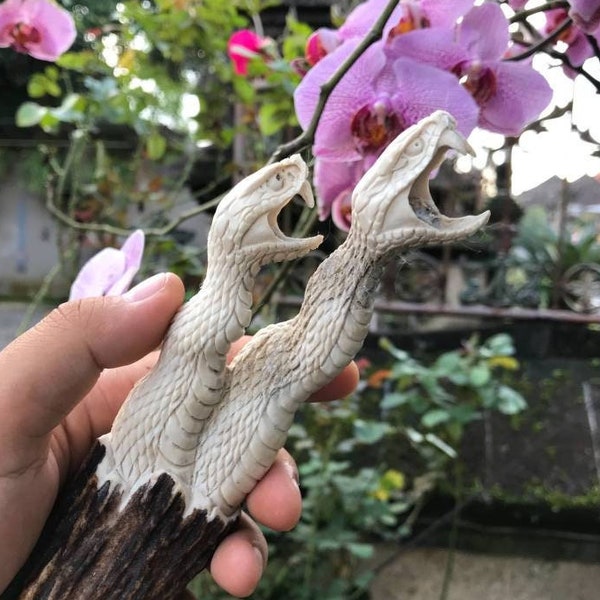 Antler carving - REAL hand carved snake head from deer antler for knifes handles