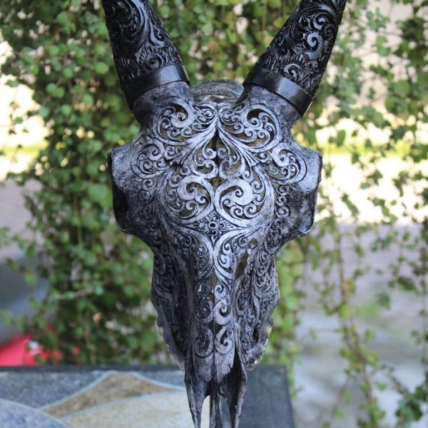 Goat skull - ORIGINAL carved goat skull with horn carving.