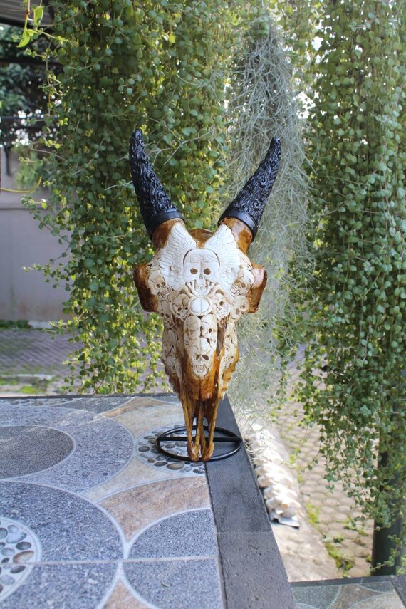 Carved Goat Skull With Horns: Handmade Brown Antic Decor - Etsy