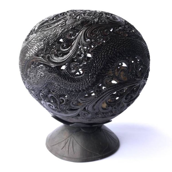 Carved coconut shell, hand carving dragon on coconut shell, coconut lamp.