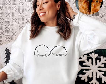 Center Chest Custom Dog Ears Outline Embroidered Sweatshirt | Hand Drawn Art and Embroidery for 2 Pets