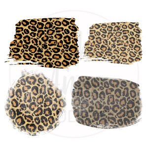 May include: Four digital clipart images of leopard print in different shapes. The leopard print is brown, black, and gold with a distressed, brushstroke effect.