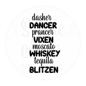 Puede incluir: Gráfico de texto en blanco y negro con las palabras "dasher", "dancer", "prancer", "vixen", "moscato", "whiskey", "tequila" y "blitzen".