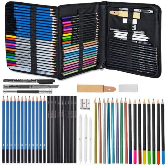 Lartique 71-piece Drawing Sketching Kit Set of Graphite, Charcoal,  Watercolor, Metallic & Colored Pencils, All Tools Included 