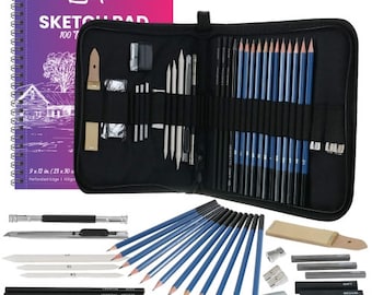 Kit de dessin Lartique 33 pièces - Bloc-notes et étui, ensemble de crayons graphite et fusain. Tous les outils inclus. Fournitures artistiques professionnelles