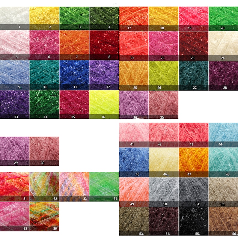 May include: A chart of 56 different colors of yarn, each color is displayed in a square. The yarn is a fluffy, textured type of yarn.