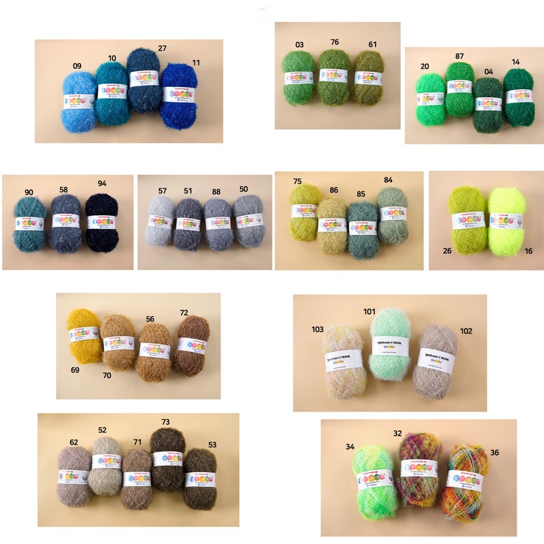 May include: Assortment of colorful yarn balls in various shades of green, blue, yellow, brown, gray, and white. The yarn balls are arranged in rows on a beige background.