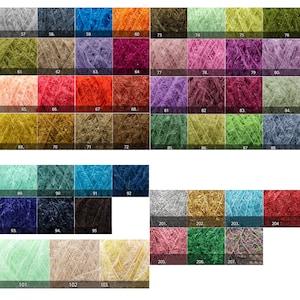 May include: A color chart of yarn samples, numbered 57 through 207. The yarn samples are arranged in rows and columns, and each sample is a different color. The colors include gray, blue, orange, green, pink, purple, red, brown, yellow, and white.