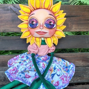 Handmade Sunflower textile doll,painted doll,sunflower art doll,ooak textile doll