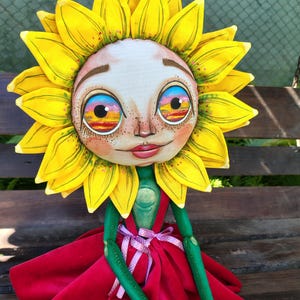 Handmade Sunflower textile doll,ooak original painted doll,sunflower art doll