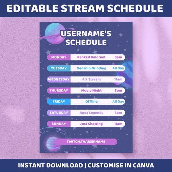 Süßer Pastell Celestial Galaxy Weekly Stream Zeitplan - Twitch Kick Youtube Discord - Bearbeitbare Canva Vorlage Sterne Planet Kawaii Sternenhimmel