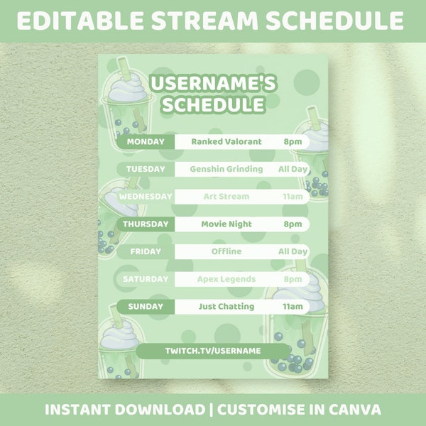 Cute Pastel Green Boba Bubble Tea Weekly Stream Schedule - Twitch Kick Youtube Discord Editable Canva Template Kawaii Sweet Sugar Frog Mint