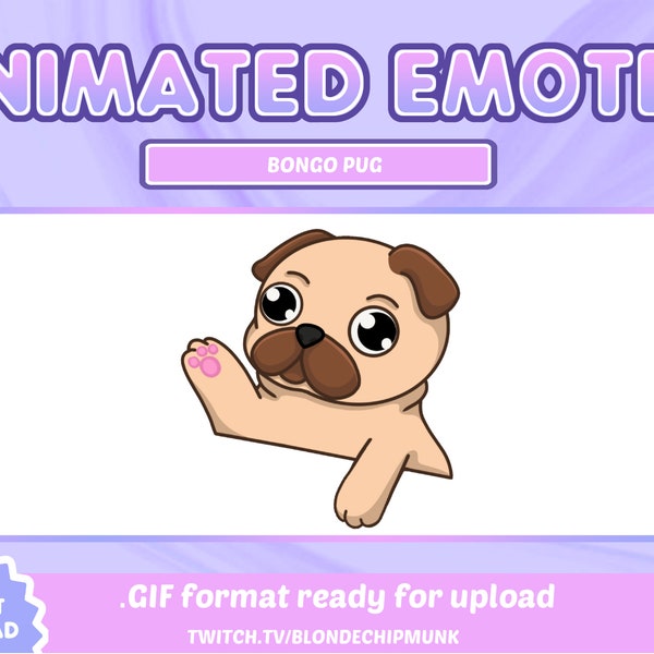 Tan ANIMATED Bongo Pug Dog Emote - Twitch YouTube Discord - Cute Kawaii Bongo Cat Derp Pat Dance Puppy Brown Pug