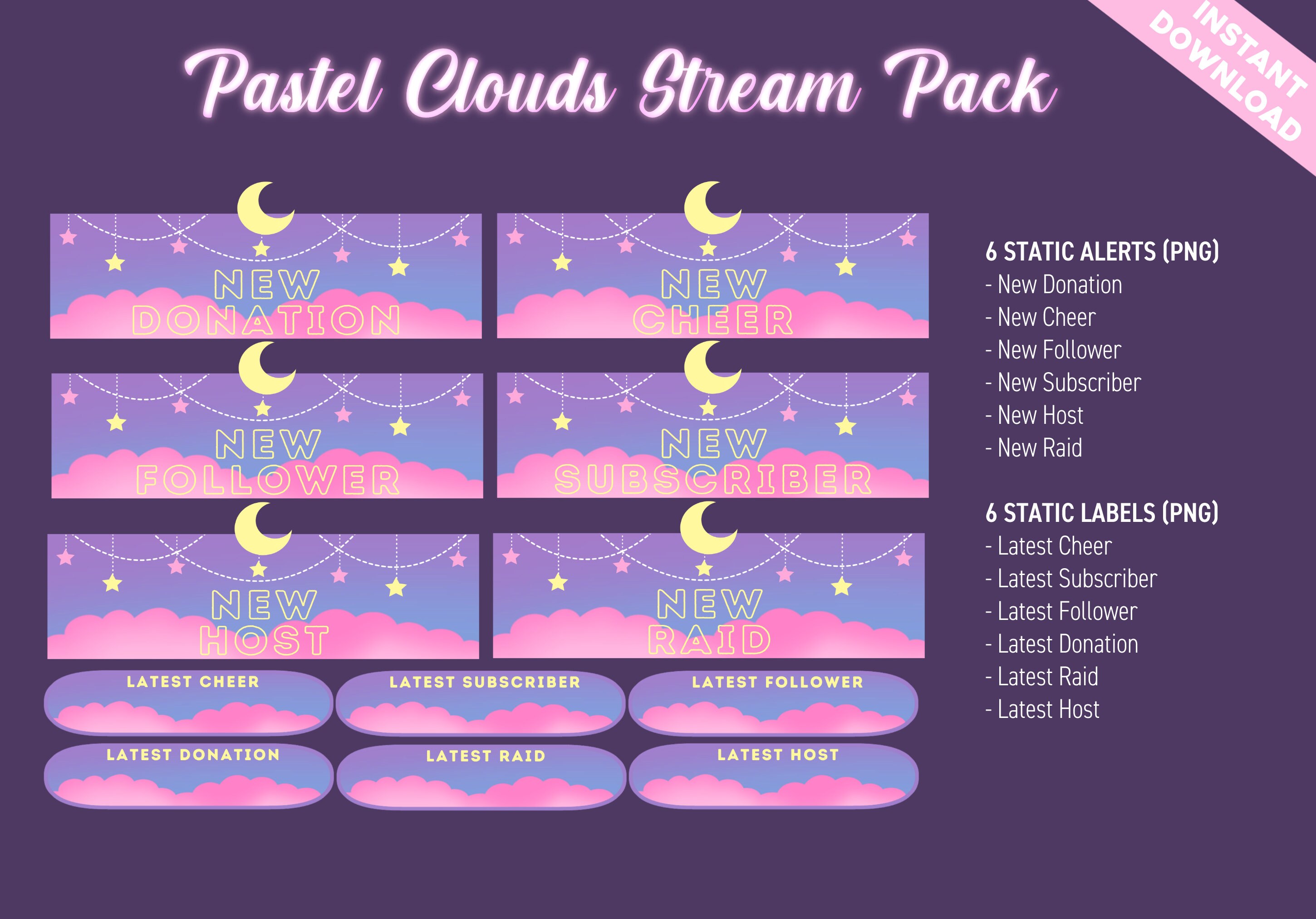 Pastel Clouds Twitch Pack Bundle - 6 Static Alerts (PNG) + 6 Static Stream Labels (PNG) - Twitch, Youtube, Facebook - Cute Kawaii Moon Star
