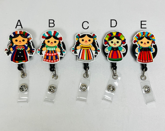 Muenca badge reel, Mexican doll, Rag dall, retractable badge reel