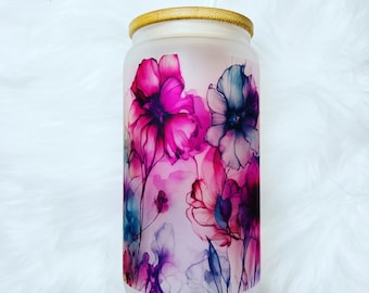 Ink watercolor flowers glass can