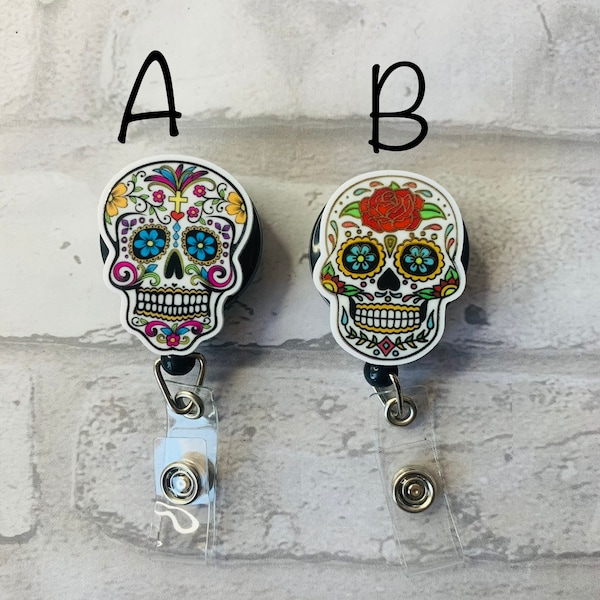 Day of the dead, sugar skull retractable badge reel