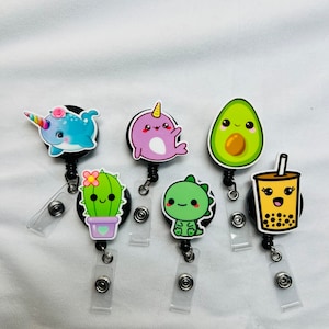 cute, avocado, narwhal, cactus, dinosaur, boba, kawaii retractable badge reel