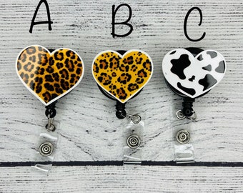 leopard print, cow print, heart,  retraceable badge reel