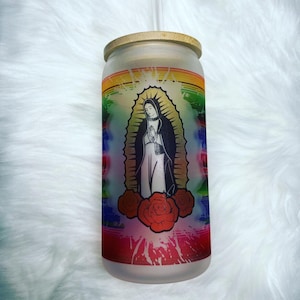 Virgin Mary sarape glass can