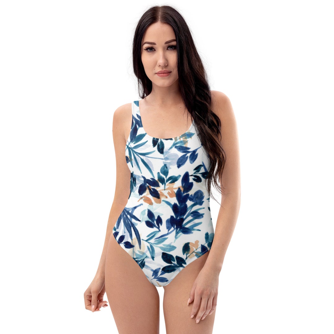 One Shoulder Orange Blue Ruffled 2 Piece Printed Swimsuit