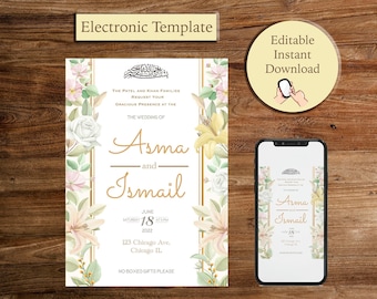May include: A white wedding invitation with gold accents and floral designs. The invitation reads "The Patel and Khan families request your gracious presence at the wedding of Asma and Ismail, June 18th, 2023, 123 Chicago Ave, Chicago IL. No boxed gifts please."