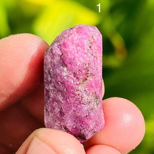 May include: A rough, pink ruby crystal with a natural, unpolished finish. The crystal is approximately 5 cm long and has a slightly irregular shape.