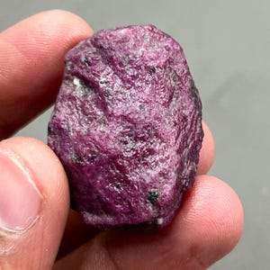 May include: A raw, uncut ruby gemstone, displaying a deep magenta hue. The surface has a textured appearance with small dark inclusions. The gemstone is held in a hand, showcasing its natural, irregular shape. This raw ruby is a natural mineral specimen.