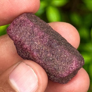 Peut inclure: Une pierre précieuse de rubis brute, de couleur rouge foncé et marron. Le rubis est tenu entre les doigts, mettant en valeur sa surface naturelle texturée et sa structure cristalline. La pierre a une forme rectangulaire.
