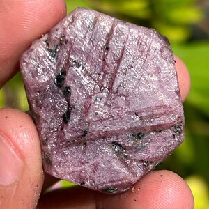 May include: A large, rough, pink ruby crystal with black inclusions. The crystal has a hexagonal shape and is translucent.