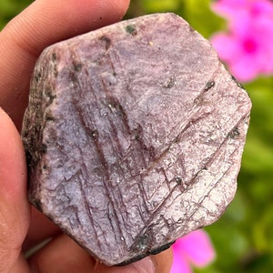 May include: A large, rough, pink ruby crystal with a hexagonal shape. The crystal has a natural, unpolished finish and shows striations on its surface.