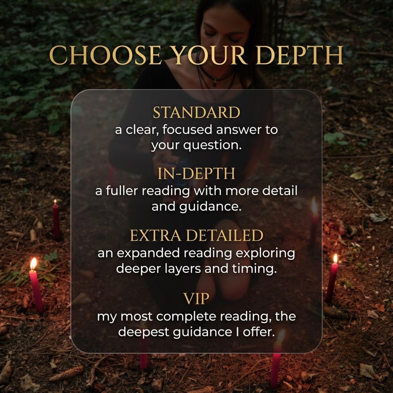 May include: A digital graphic with the text CHOOSE YOUR DEPTH, listing four service levels: STANDARD, a clear, focused answer; IN-DEPTH, a fuller reading with detail; EXTRA DETAILED, an expanded reading exploring layers; and VIP, the most complete reading.