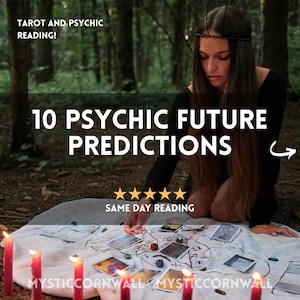 May include: An image promoting psychic readings. The text reads "TAROT AND PSYCHIC READING!" and "10 PSYCHIC FUTURE PREDICTIONS." A person is surrounded by tarot cards, crystals, and lit candles. The text "SAME DAY READING" is also visible.